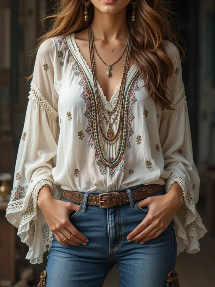 Ethnic Boho Fashion - Женская блузка с V-образным вырезом в