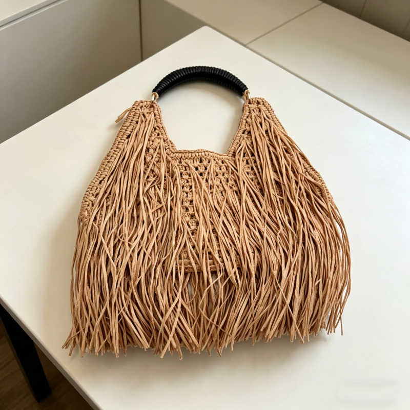 Ethnic Boho Fashion - Богемная соломенная сумка с бахромой, вместительная
