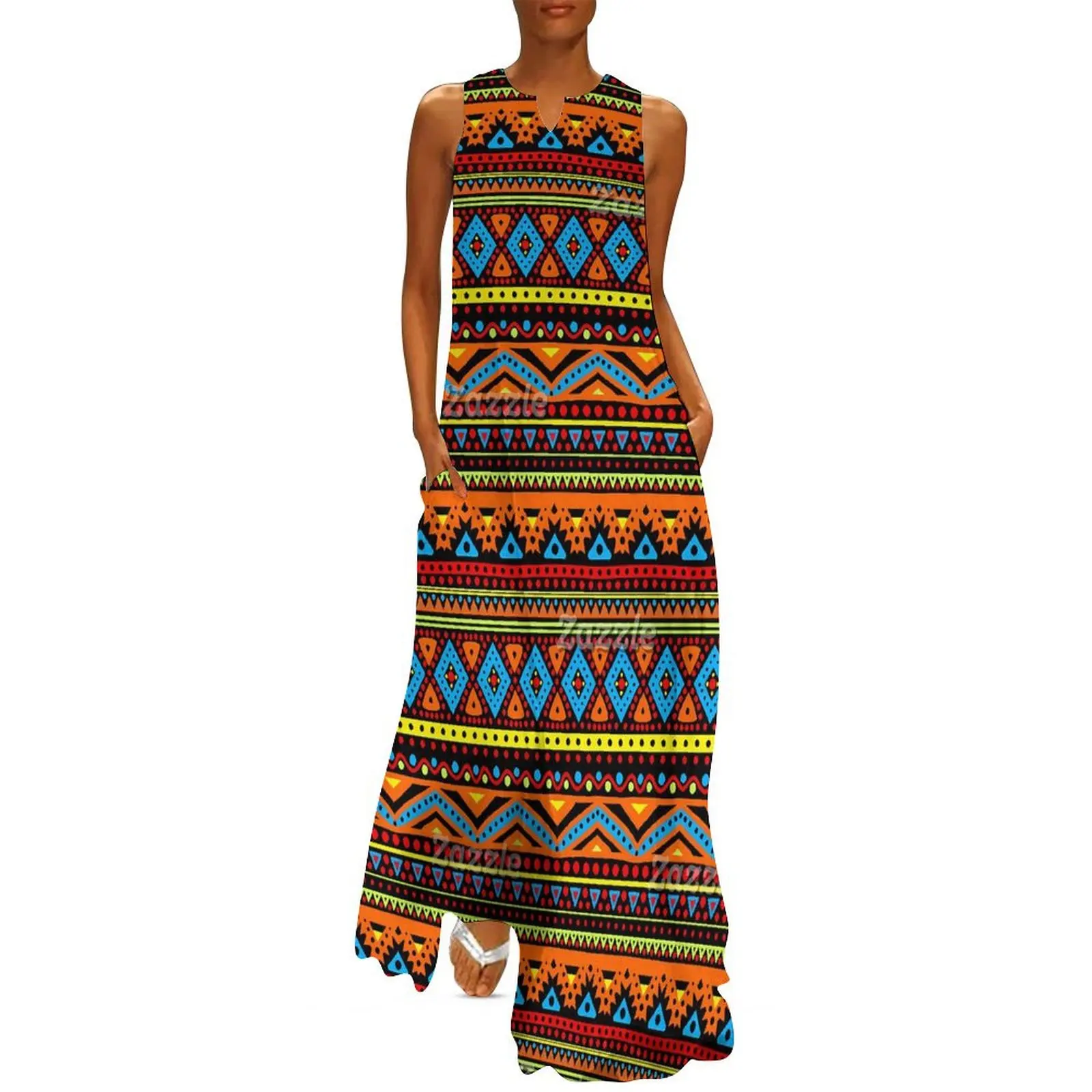 Ethnic Boho Fashion - Винтажное этническое длинное платье Красный Оранжевый