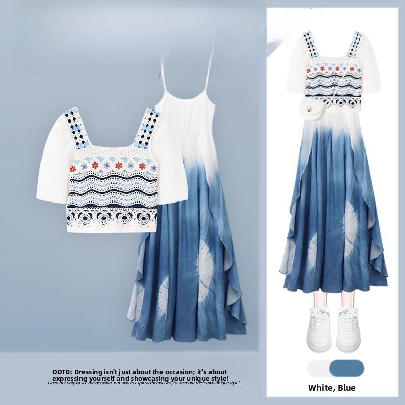 Ethnic Fashion Dress - Ретро-комплект из двух предметов: вязаный топ
